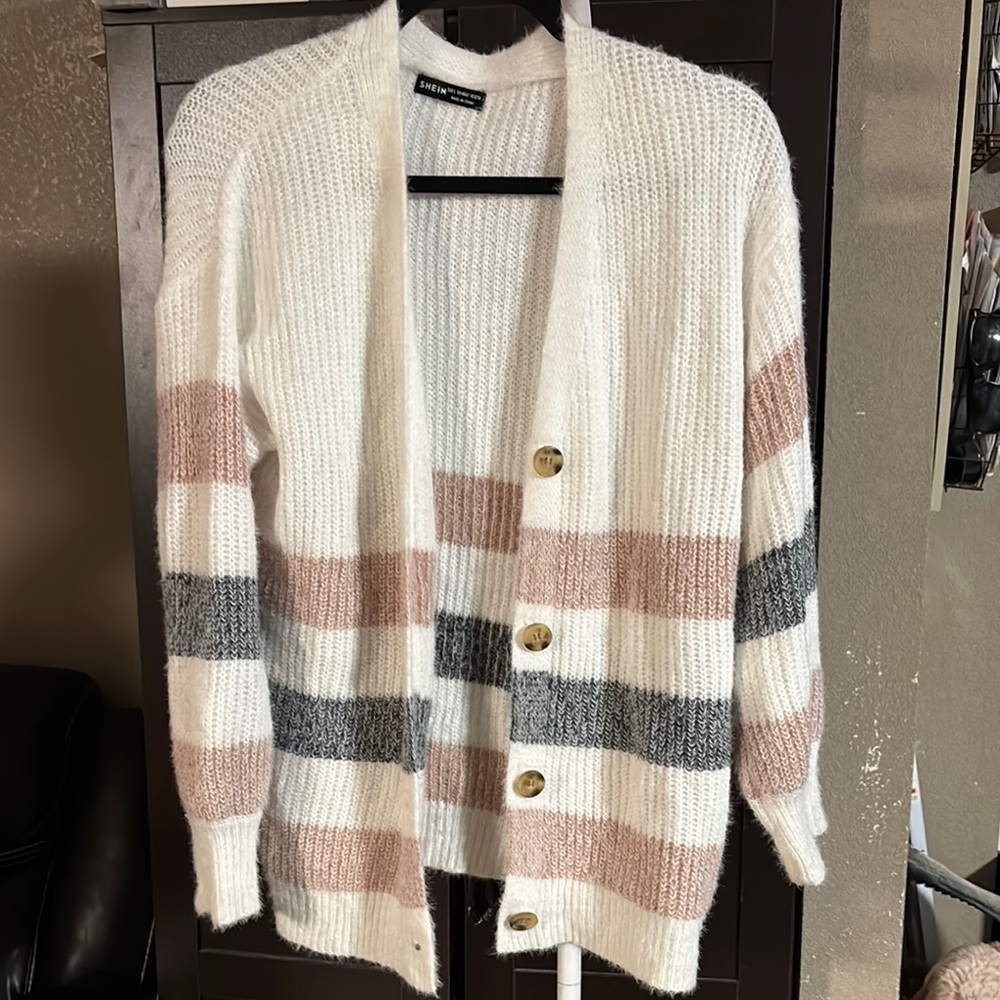 Kendall & Kylie Women's Striped Cardigan Sweater - Cream, Gray, and Tan